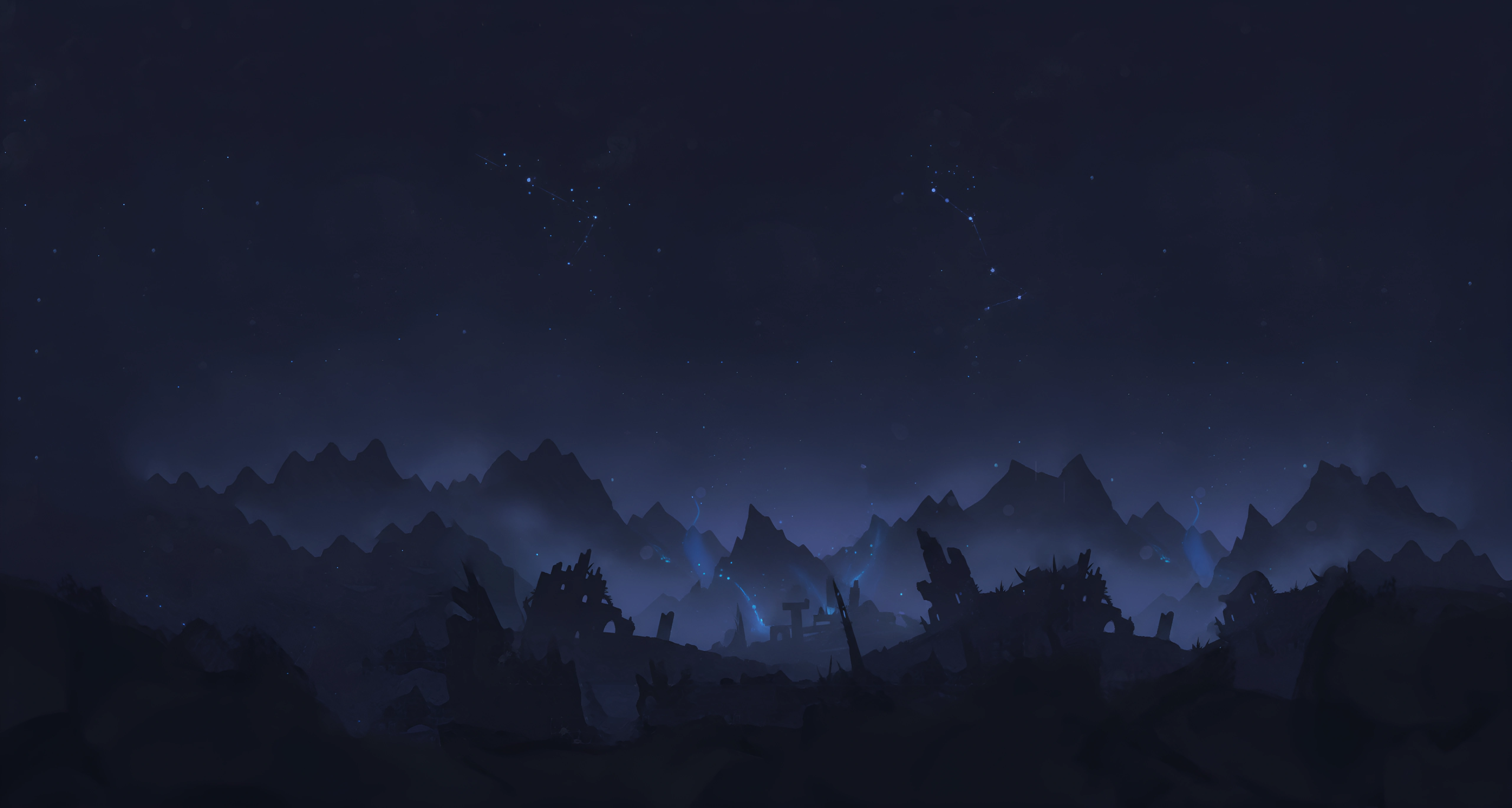 A dark mountain landscape beneath a star-filled night sky.