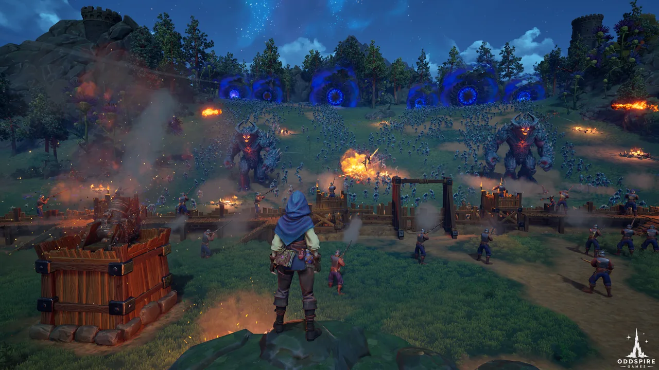 A hooded defender faces a night attack across a burning barricade, with blue portals in the distance.