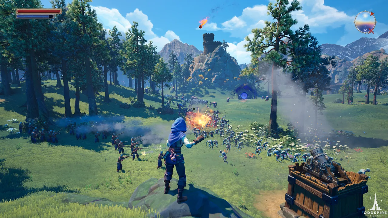 A hooded character casts fire toward enemies in a sunlit valley.