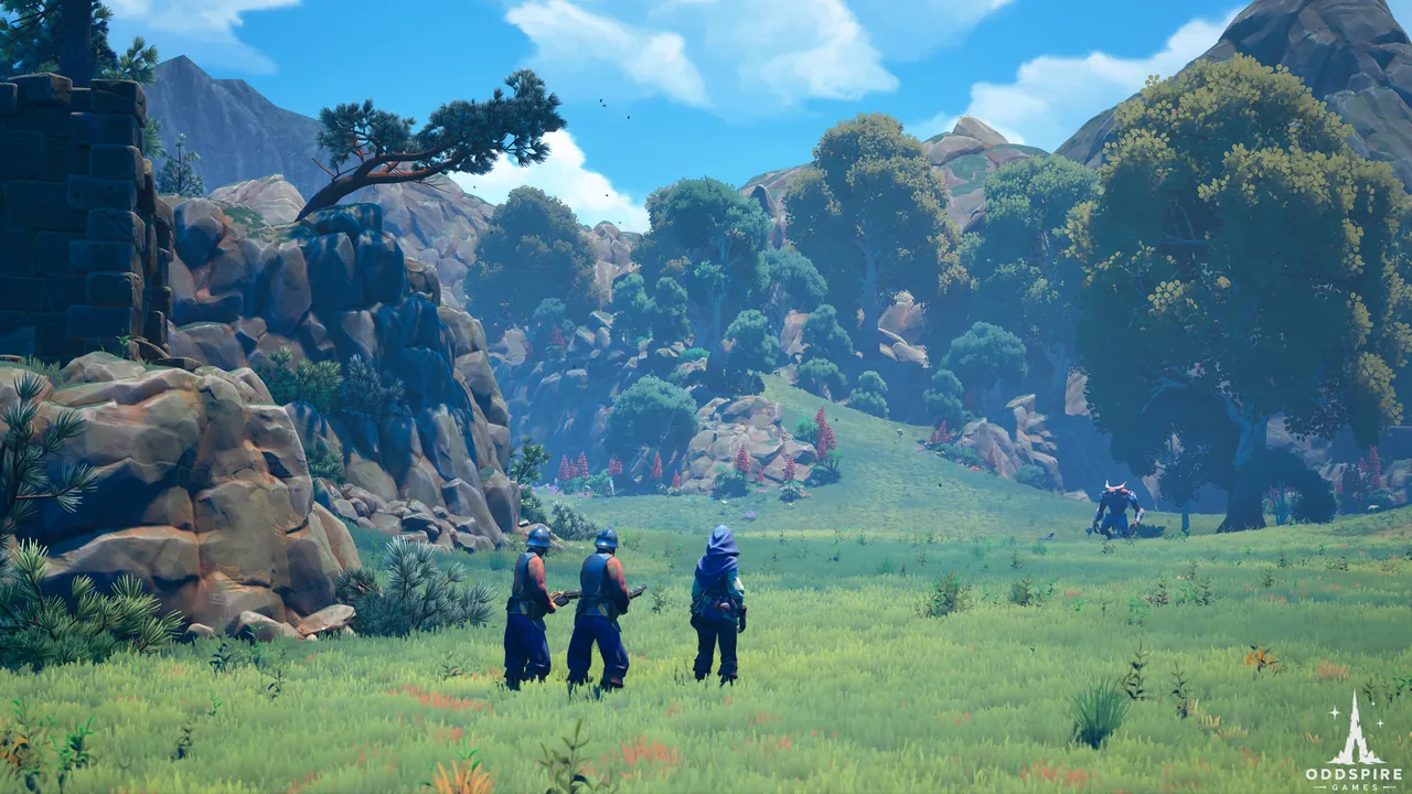 Three characters look across a mountain valley under a clear sky.