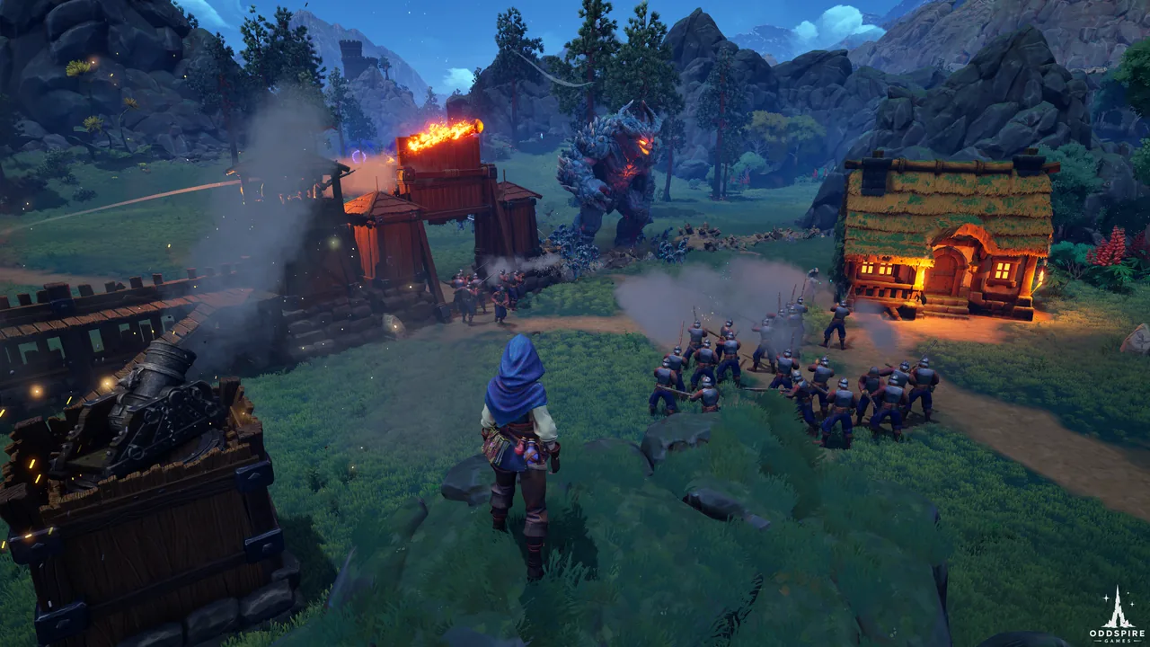 A hooded defender approaches a burning tower and enemy forces at night.