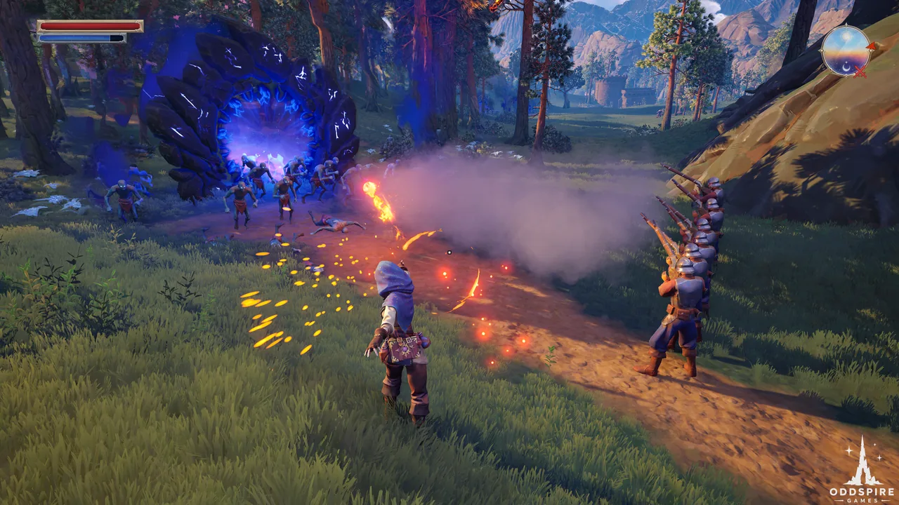 A character and ally fight beside a glowing blue portal in a forest.