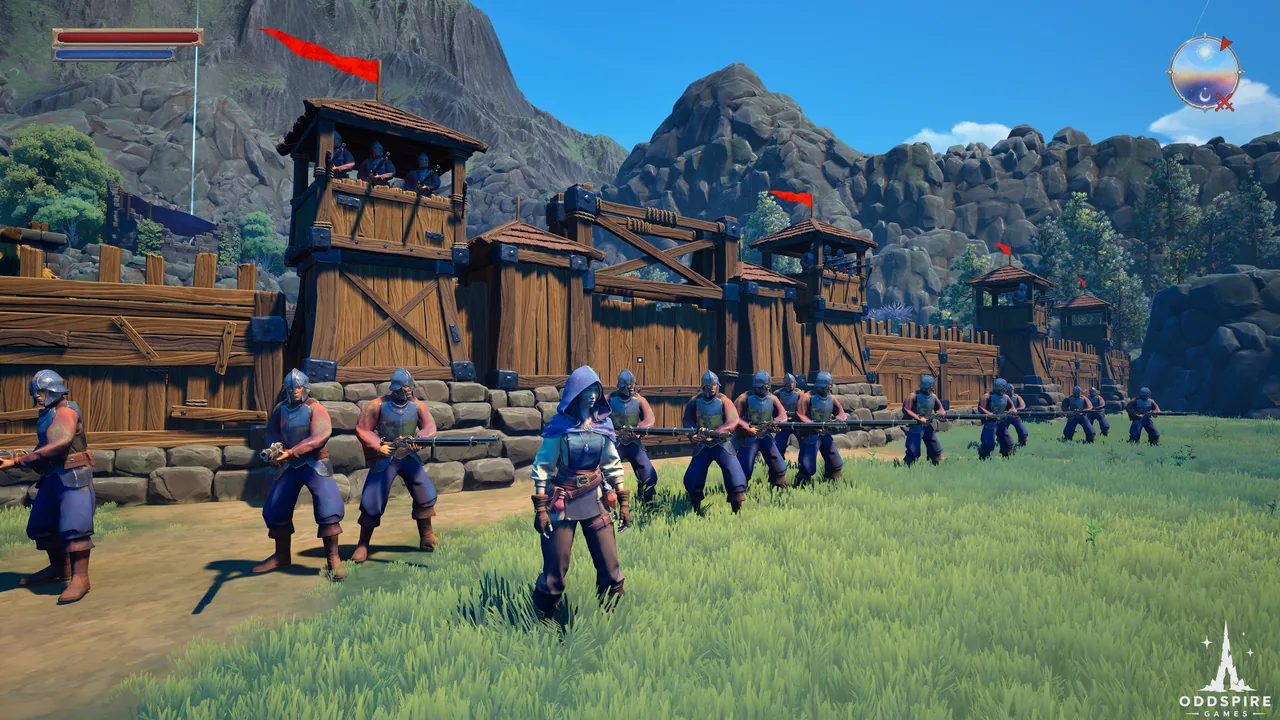 A character stands with soldiers in front of a fortified wooden wall.