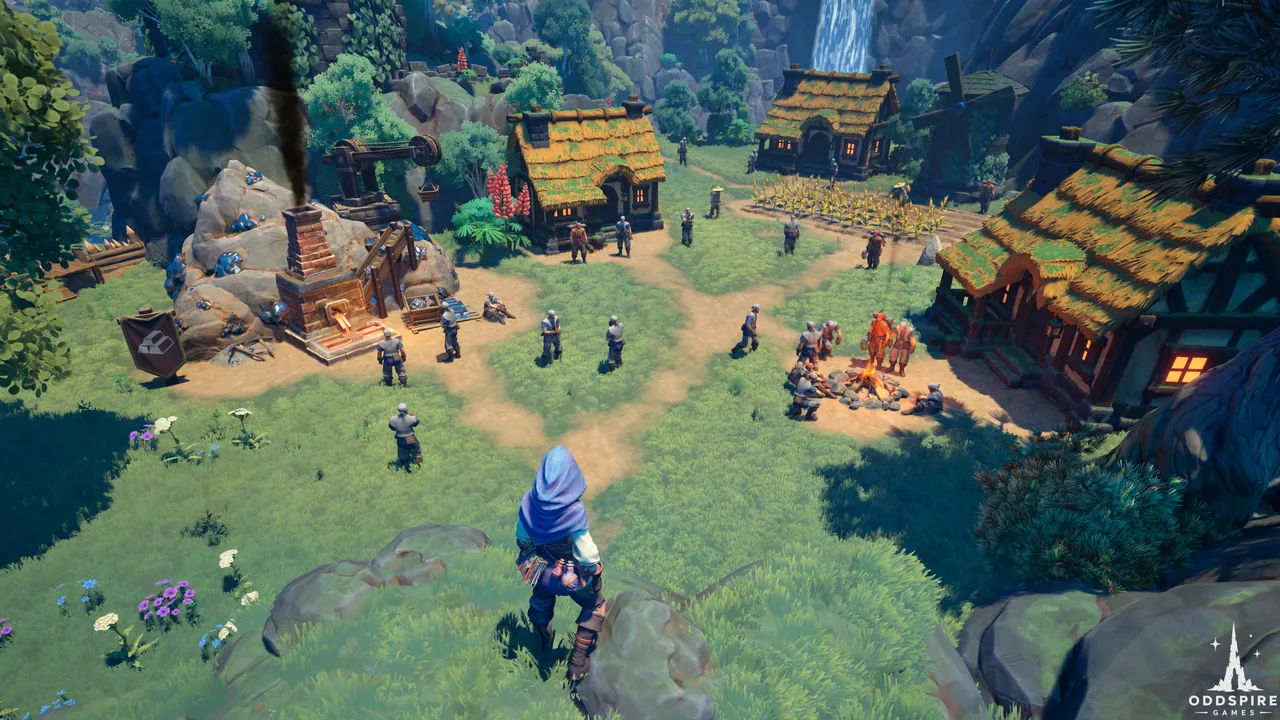 A character overlooks a small village of timber houses in a green valley.