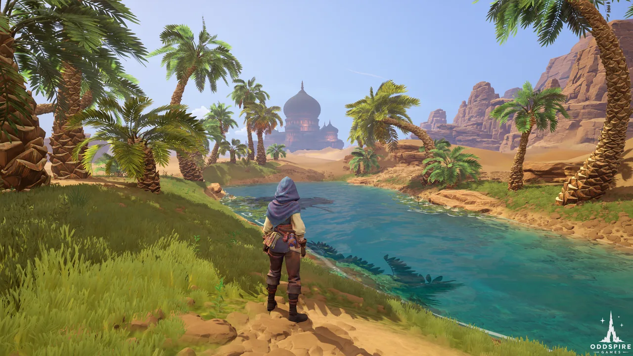 A hooded traveler stands beside a river in a palm-lined desert landscape.