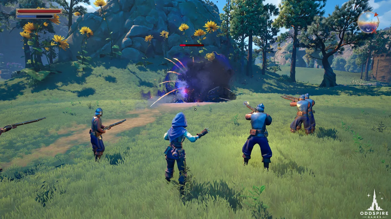 Three characters confront a purple magical blast in a grassy clearing.