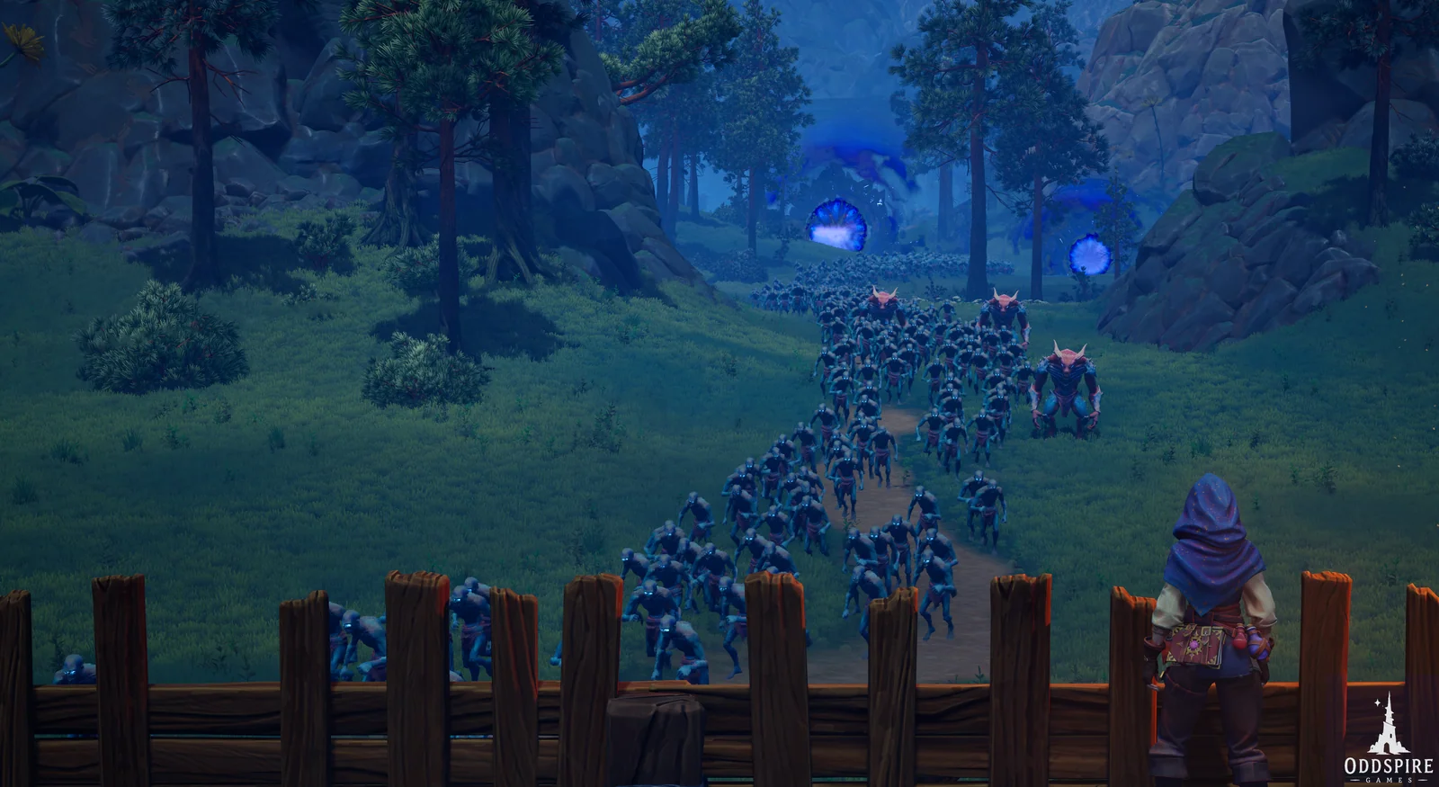 A hooded character looks over a wooden barricade as enemies surge down a forest path from glowing blue portals.