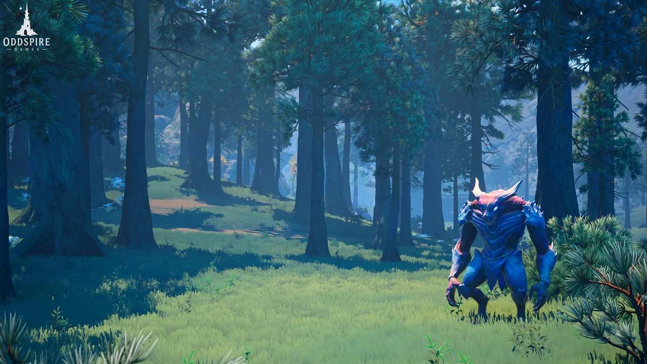 A blue-armored creature stands in a sunlit pine forest.