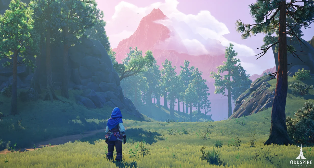 A hooded character faces a pink mountain peak from a pine-covered valley.
