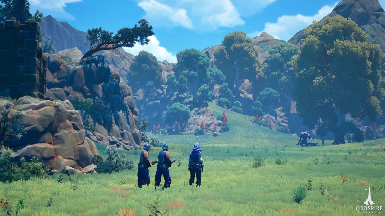 A hooded character and two armed companions watch a creature in a bright rocky valley.