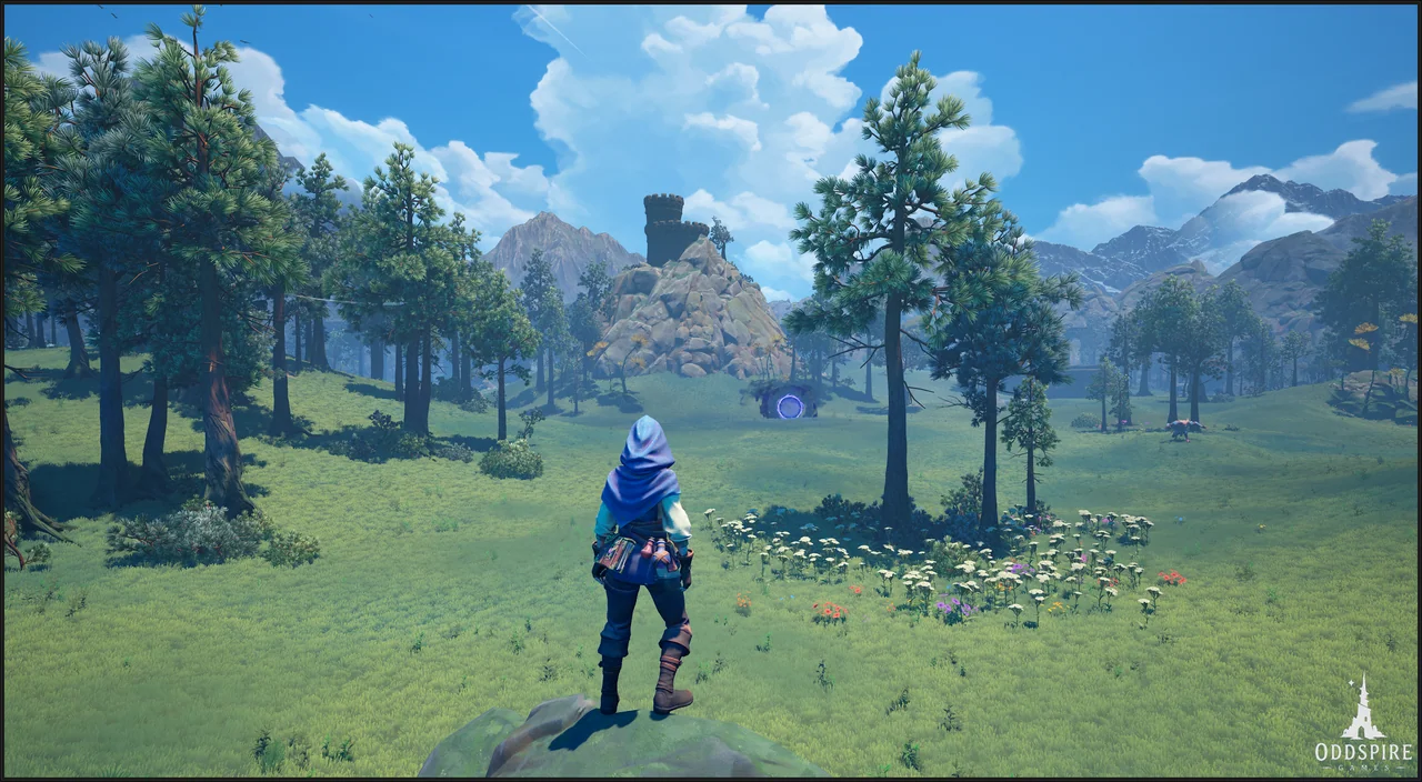 A hooded character looks across a wide meadow toward a tower, mountains, and a glowing portal.